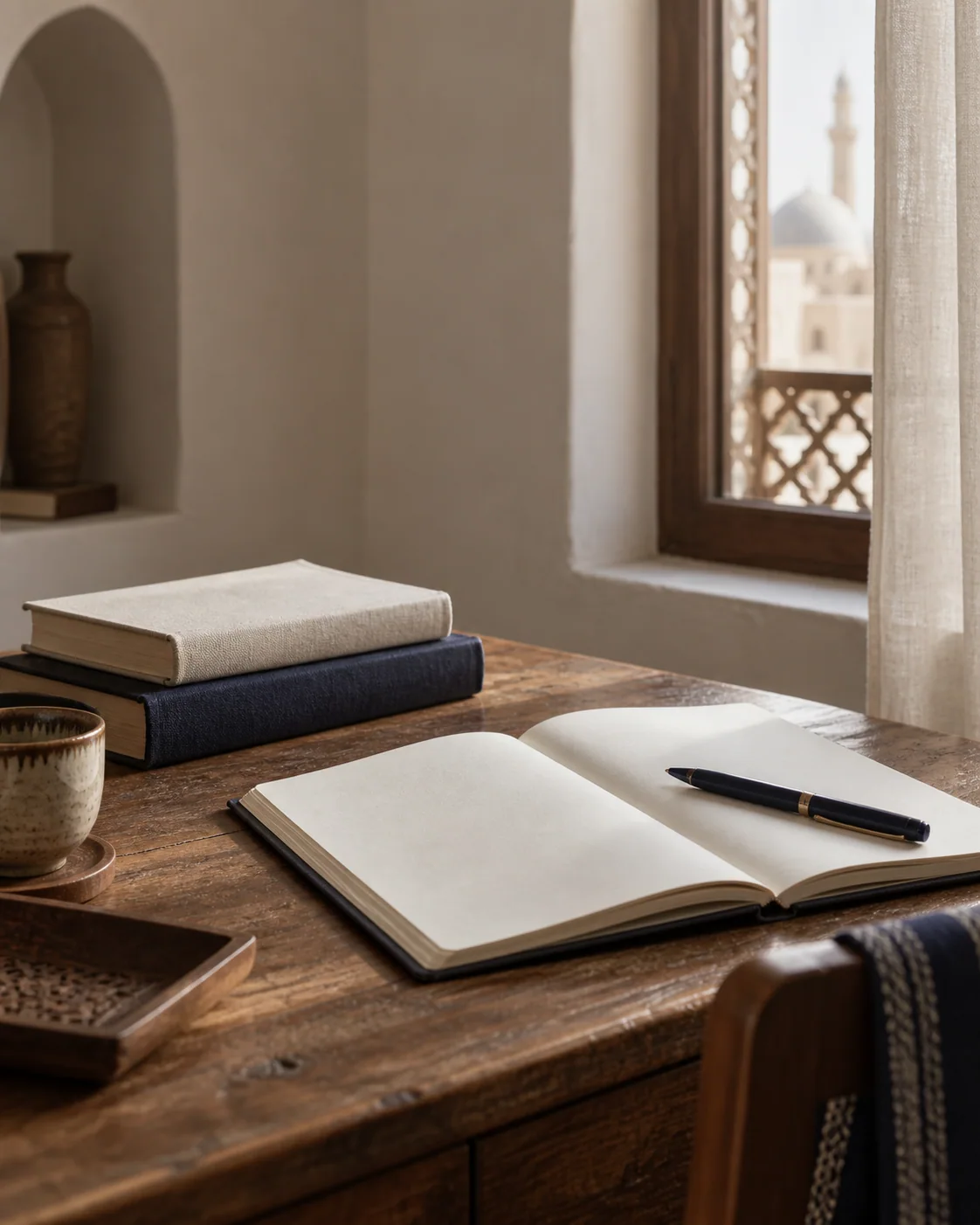 Illustratief studiehoekje met boeken, een notitieboek en een pen in warm daglicht