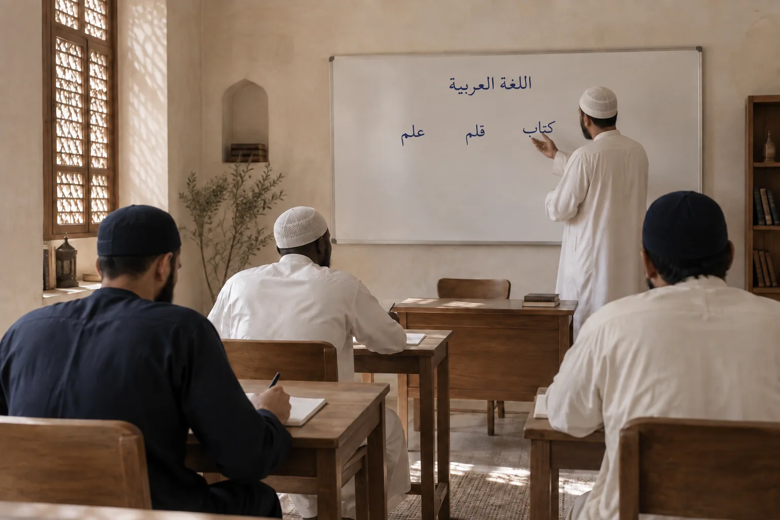 Illustratieve Arabische les met volwassen studenten en een docent bij een bord met Arabische woorden