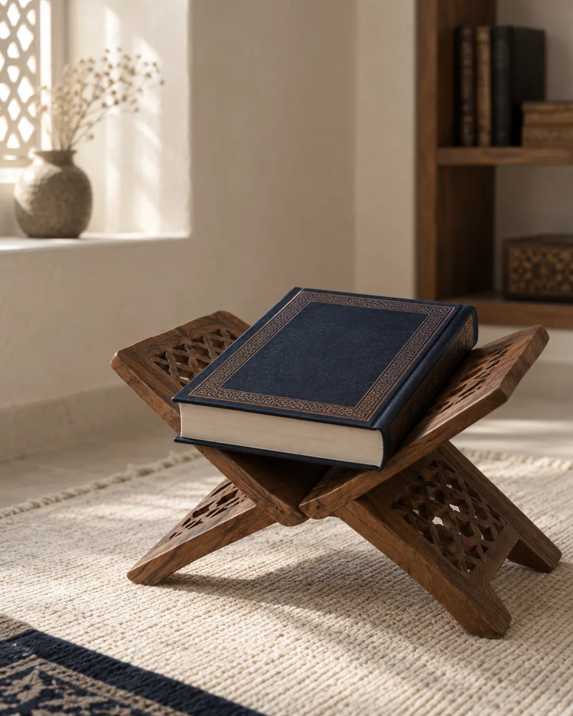 Illustratief beeld van een gesloten Qur’an op een houten boekenstandaard