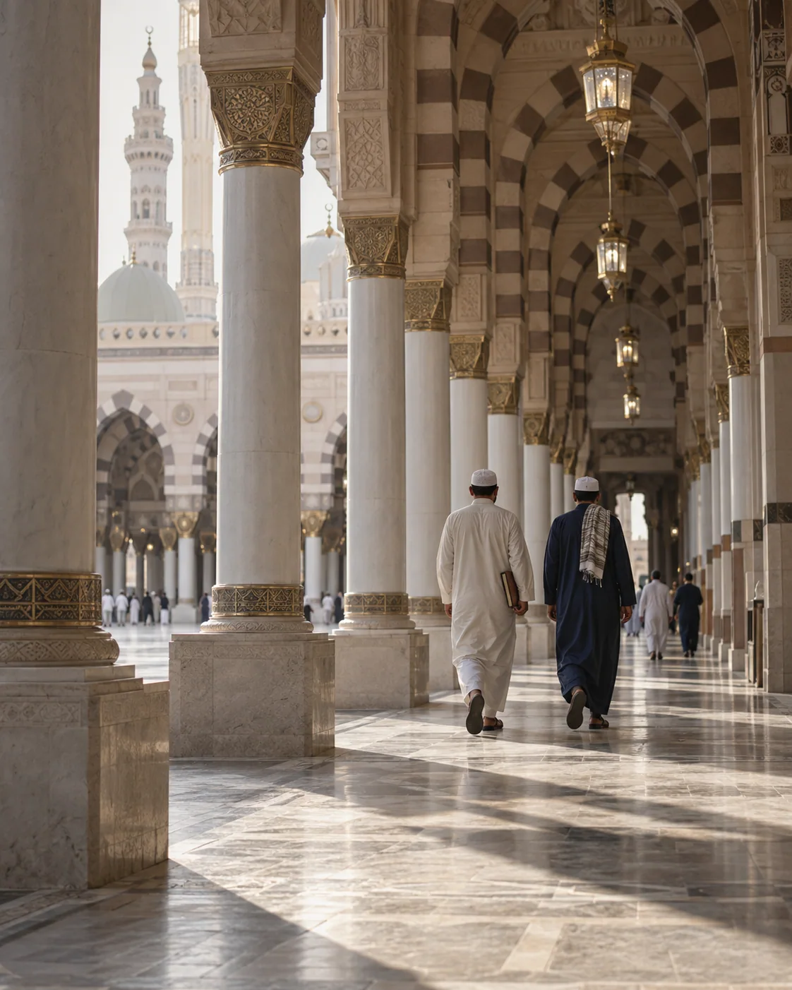 Illustratief beeld van twee studenten die door een zuilengang in Medina lopen