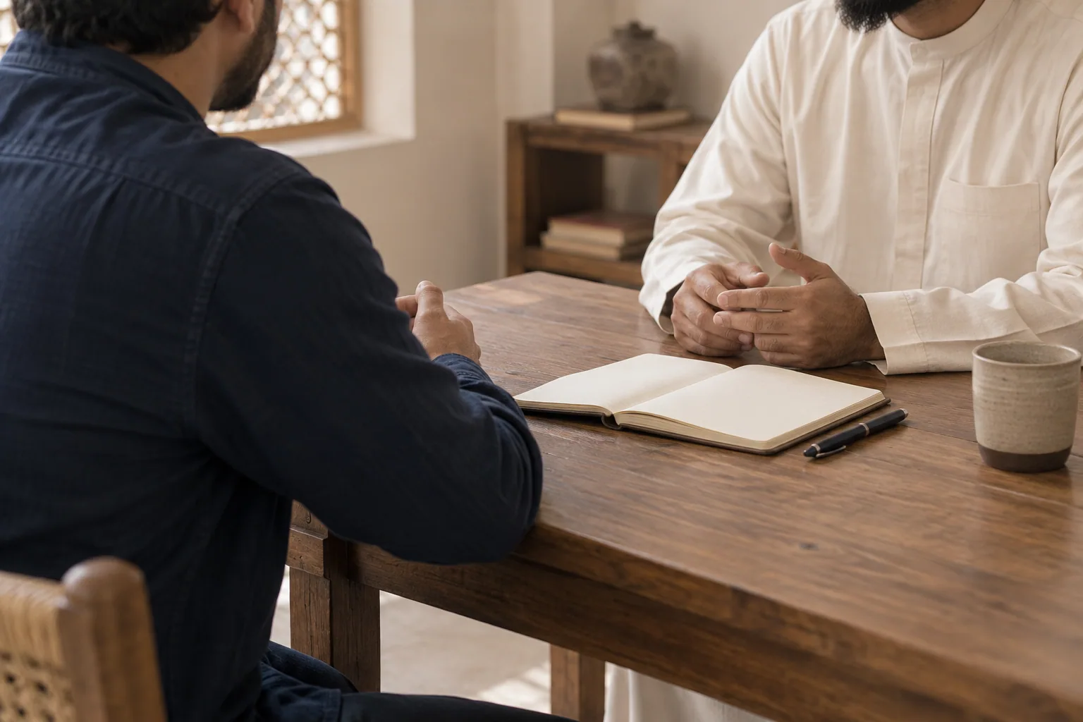 Illustratieve persoonlijke begeleiding: twee volwassenen in gesprek aan een tafel