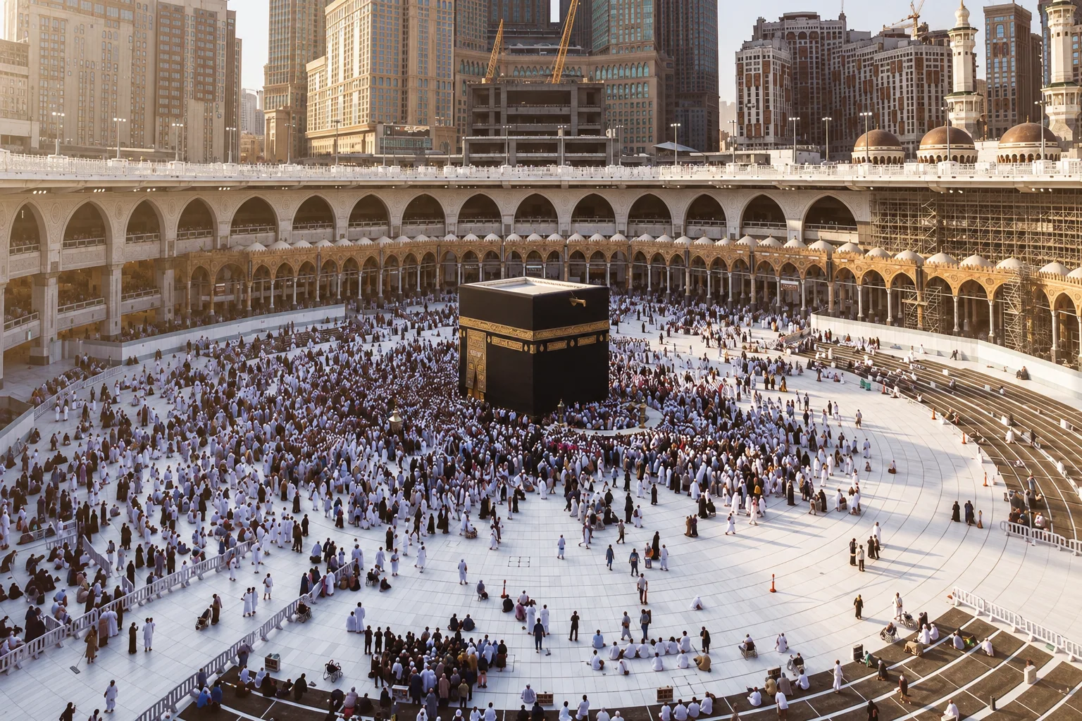 Met AI bewerkt sfeerbeeld van de Ka‘bah en het plein van Masjid Al-Haram