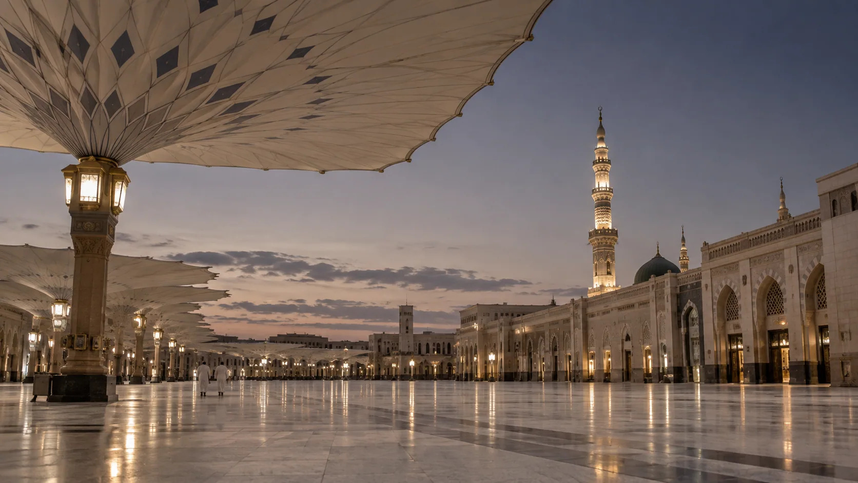 AI-sfeerbeeld van het plein van Masjid An-Nabawi in het avondlicht